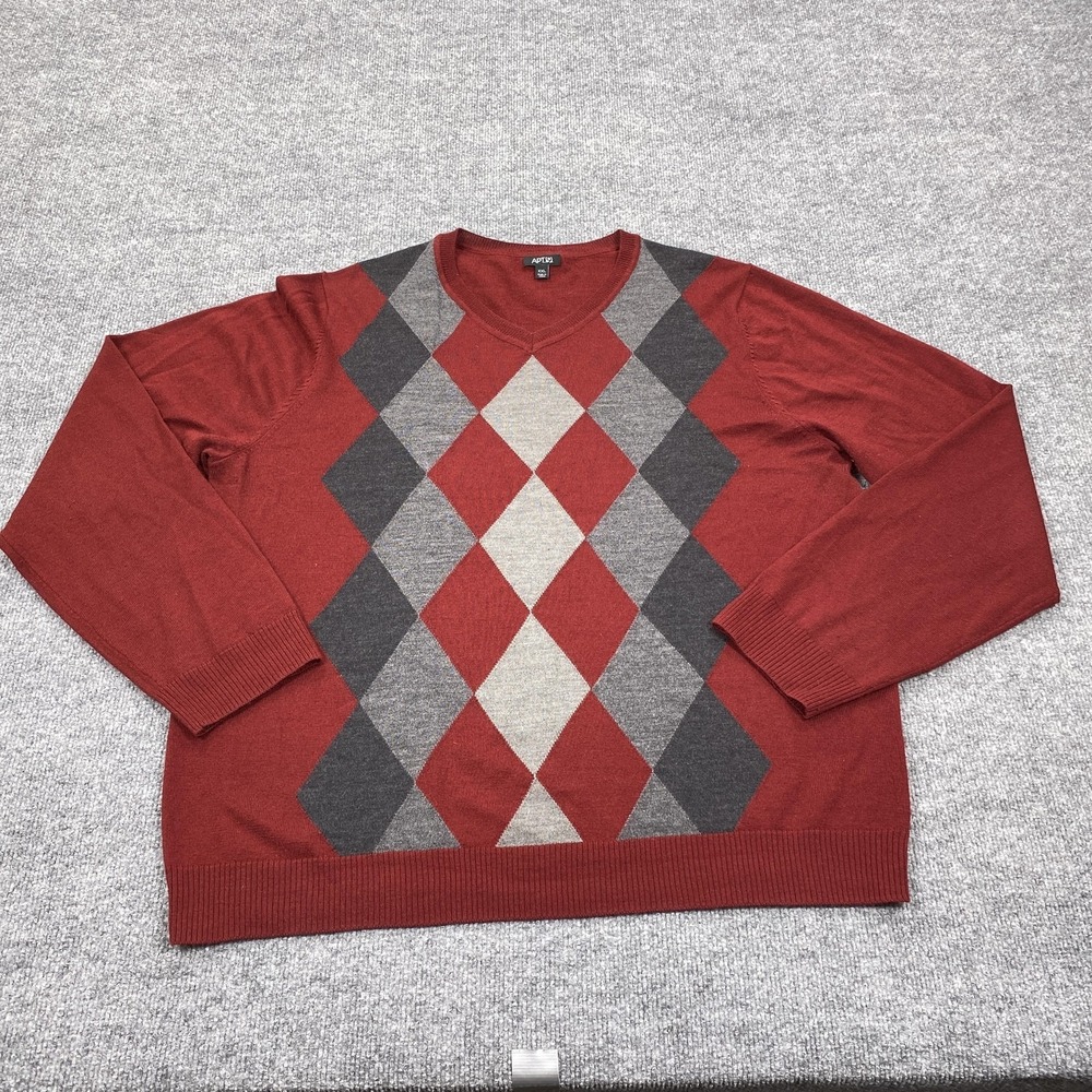 APT.9 Sweater Mens 2XL Red V Neck Argyle Diamond Wool Acrylic Pullover
